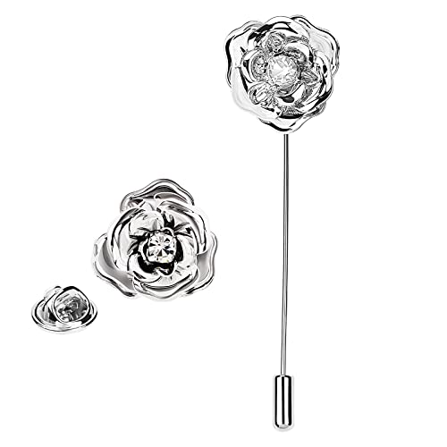 Image of Crystal Alloy Rose Flower Lapel Pins Button Pin Groom Boutonniere for Wedding Floral Brooch Pin Set for Women Men