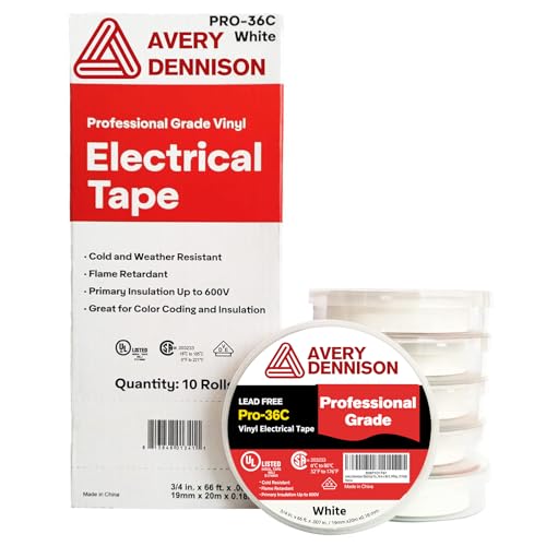 Image of Avery Dennison Electrical Tape, 10 Rolls Professional Grade PVC Electric Tape, UL /CSA Listed in x 66 ft Insulating Vinyl Tape for Electrical, Repairs, Automotive and Equipment, Pro-36C, White