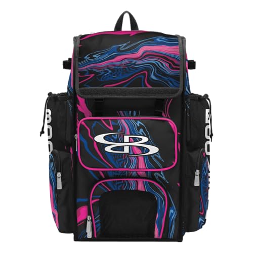 Boombah Superpack Bat Bag - Backpack Version (no wheels) - Holds 4 Bats - Hyperwave Fluorescent Pink/Azure/Black