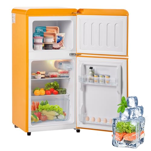 Nevera retro. 88,8 x 45,5 cm, doble puerta, 60 litros, volumen de congelación 22 litros. 102 kWh/año, -27 °C ∽ 13 °C, lámpara LED. Energía Amarilla Avanzada Clase E Antique Yellow