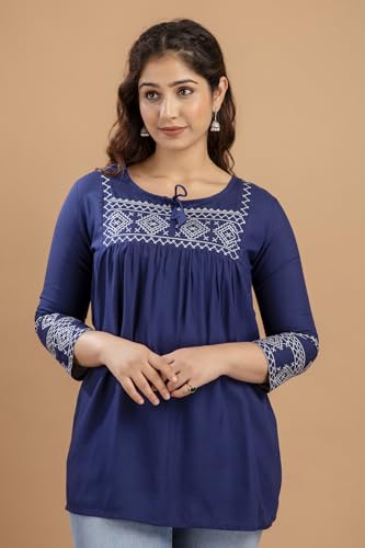 Image of Avayayat Short Kurti for Women | Embroidered Straight Rayon Kurta | Round Neck Full Sleeves Short Kurti for Women's