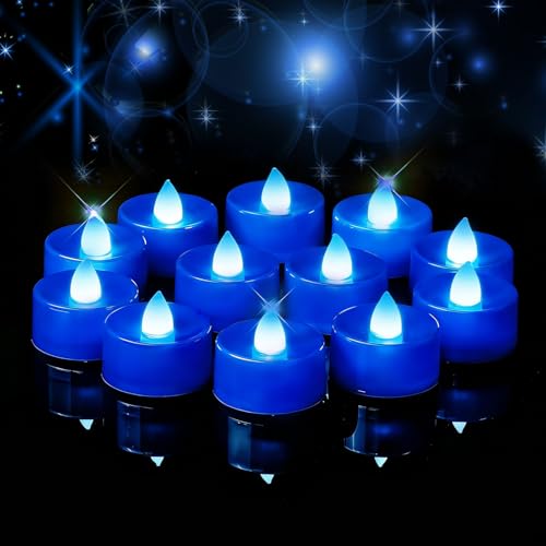 Image of Amagic Blue LED Tea Lights Candles, 24 Pack Battery Operated Flameless Tea Lights, Long Lasting Colored Tealights Candles for Halloween and Festival Celebration, Party, Wedding Table Decor, Birthday