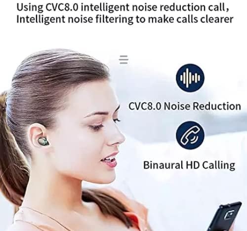 Woman wearing an earbud, with icons indicating CVC8.0 Noise Reduction and Binaural HD Calling.