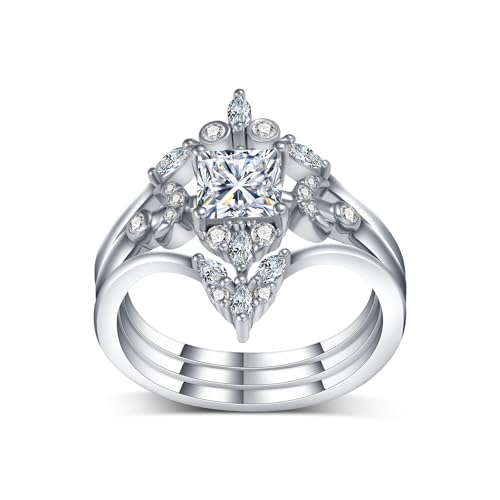 Triple Moon Ring Moissanite Wedding Ring Set for Women, 3 Pcs 10K 14K 18K Gold Princess Cut Moissanite Engagement Rings Bridal Set for Women Anniversary Jewelry Gift - Main Image