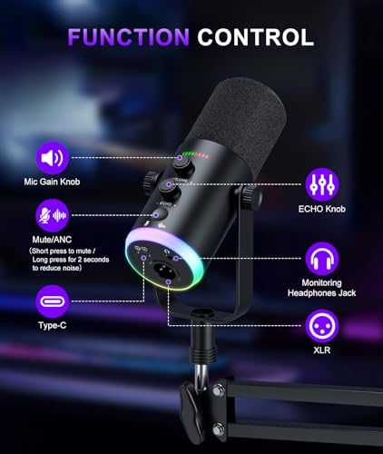 Image of Dynamic Gaming Microphone, USB-C /XLR Podcast Mic with Boom Arm Stand for Recording Streaming Singing, RGB Light, Mute Button, Headphone Monitor for PC, TikTok, YouTube