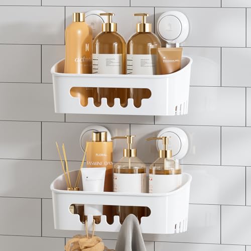 TAILI Shower Caddy Suction Cup 2 Pack Heavy Duty Bathroom Shower Organizer Removable Shelves for Inside Shampoo Wall Mounted Plastic Storage for Bathroom Accessories, White