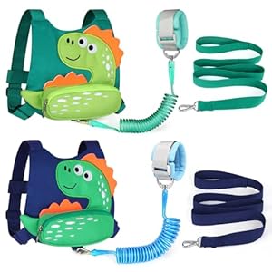 Accmor Toddler Leash Harness, 2 Pack Cute Dinosaur Kids Leash Harness + Anti Lost Wrist Link, Mini Child Walking Harness Wristband Assistant Strap Belt for Baby Boys Girls to Outdoor Travel