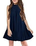 Dellyerishop Girls Halter Neck Summer Dress Ruffle Tiered Swing Sleeveless Sundress Flowy A Line Mini Dresses for 5-14 Years Navy