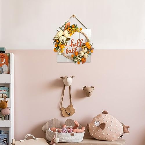 Idyllic Hello Fall Sign Wreath for Front Door, Pumpkin and Berries Wooden Square Wreath for Farmhouse Wall Indoor/Outdoor Harvest Thanksgiving & Fall Season Hanging Wall Decor by idyllic - Image 4
