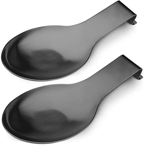 Image of VanlonPro Stainless Steel Spoon Rest, Spatula Ladle Holder, Stainless Steel Utensil Spoon Rest Holder, Brushed Finish, Dishwasher Safe 9.8 x 3.7 Inch (Black 2PCS)