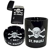 ASCHENBECHER: Aus Keramik. Durchmesser 10,5 cm. Vier Zigarettenplatzhalter für sicheres Ablegen. Rund mit St. Pauli Schriftzug außen & Totenkopf-Druck innen. Einfaches Reinigen.