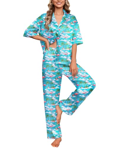 Ekouaer Silk Satin Pajamas Set Women Short Sleeve Pj Sets Button Down Sleepwear 2 Piece Soft Loungewear,Flamingo,L