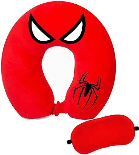 Velvet SM Superhero Design Unisex U-Shaped Microfiber Soft Neck Pillow Eye Shade Sleeping mask for Travel, Car, Train, Flight, Bus-Red