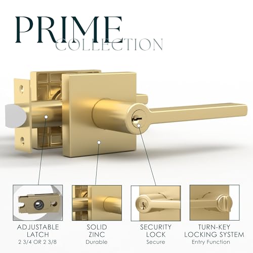 Image of Mega Handles - Prime Entrance Handle, Entry Lever Door Handle, Heavy Duty Square Locking Lever Set for Left or Right-Handed Doors, Interior /Exterior Door Levers - Satin Brass