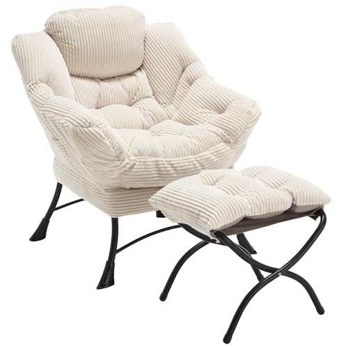 Villeston Lazy Chair with Ottoman Comfy Lounge Chair for Reading Relaxing and Napping Perfect for Living Room Bedroom or Office White