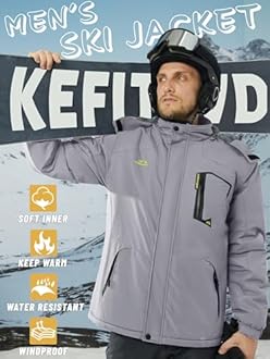 KEFITEVD Men's Waterproof Fleece Jackets Winter Warm Ski Raincoats Outdoor Thermal Coats with Detachable Hood