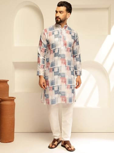 Image of SOJANYA (Since 1958 Men's Cotton Linen Geometric Print Long Kurta