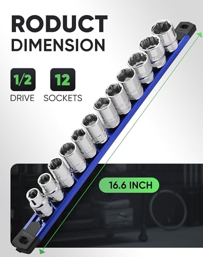 Image of ALOANES Magnetic Socket Organizer Set, 1 /2-Inch Drive Heavy Duty Aluminum Socket Rail Organizer, 360 Swivel Clips Socket Holder Kit for Toolbox Drawer Fit 1 /2-Inch x 12 Clips (Blue, 1PC)