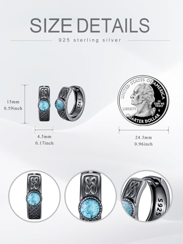 Black Viking Hoop Earrings for Men 925 Sterling Silver Rune/Ankh/Celtic Knot Turquoise Huggie Earrings Viking Jewelry Gifts for Men Women4