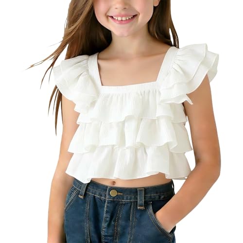 Lista de Blusas de Moda para Niña los más recomendados. 47 Tops sin Mangas para niñas, Camisetas sin Mangas con Volantes, Camisa de Cuello Cuadrado, Camisetas Bohemias de Verano para niños, Blusa Casual Playa White 6 Años 7 Años