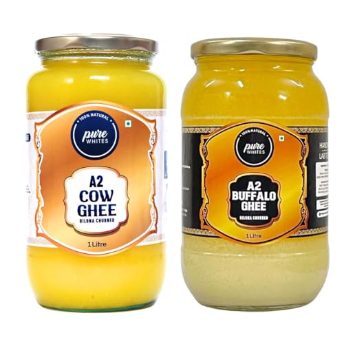 Image of Pure Whites Desi Buffalo Ghee 1000 ml & A2 Bilona Cow Ghee 1000 ml - Combo Pack | Traditional Preparation Method | Rich Aroma & Danedar Texture | Suitable for Cooking & Daily Use | Pure & Natural