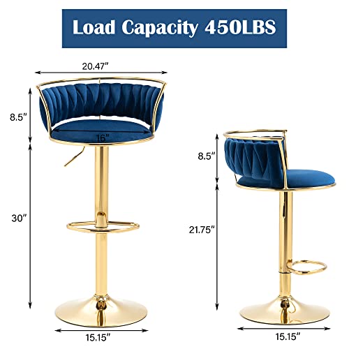 Uixe Velvet Swivel Bar Stools Set Of 2, Adjustable Gold Counter Barstools Height Bar Chairs With Back And Footrest, Modern Upholstered Kitchen Island Dining Chairs For Cafe, Pub (Navy Blue) #TOP2