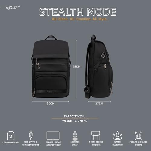 Image of F Gear Saber Premium Black Laptop Backpack| 23L Water-Resistant Office & College Bag | 2 compartments 5 Pockets| USB & Type C Port, Luggage Strap, Fits 17 Inch Laptop |Men & Women