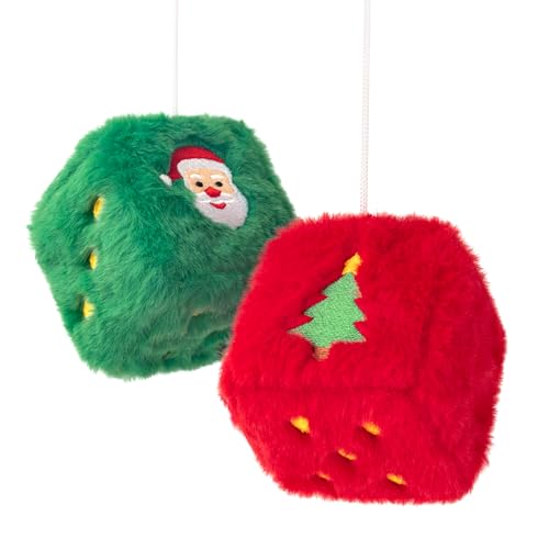 Christmas Fuzzy Dice for Car Rear View Mirror, Embroidered Santa and Tree Design Hanging Decorations, Red Green Plush Dice Ornaments for Car, Indoor or Outdoor Holiday Decor Pair
