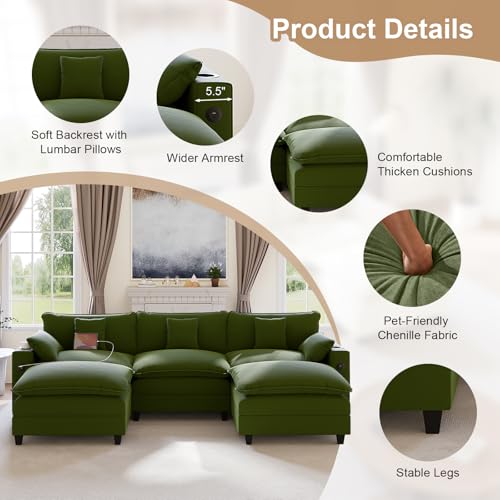 Image of KCGKCG 116 inch Modular Sectional Sofa, U Shaped Cloud Couch with Movable Ottoman, Chenille Deep Seat Cloud Sofa with Charging Station, Cup Holder, Side Pocket, Sectional Couches for Living Room, Green