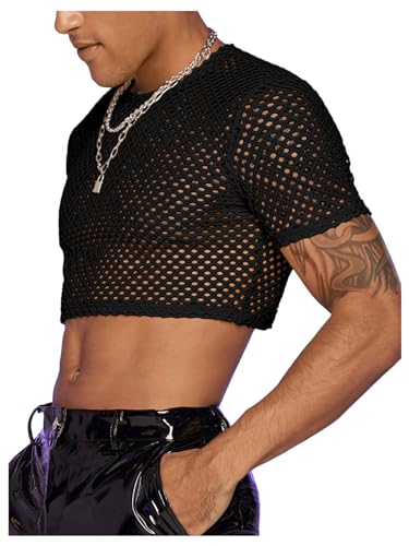 WDIRARA Men's Fishnet Mesh Tee Shirt Round Neck Short Sleeve Crop Top4