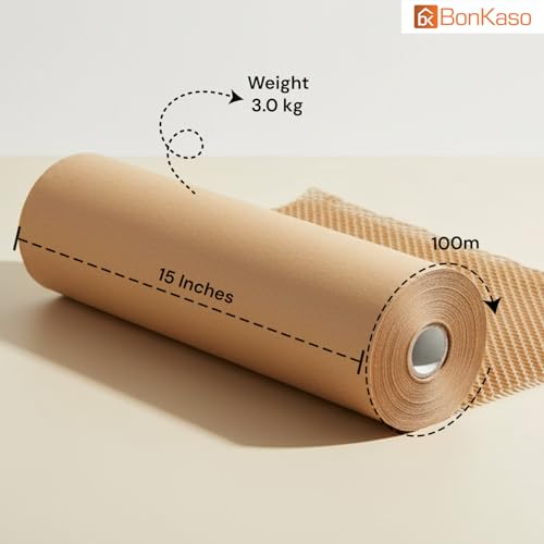 Image of BonKaso Honeycomb Paper Wrap Roll 100M x 15 Inch | 80 GSM Eco-Friendly Brown Packaging Roll | Cushioning & Shockproof Wrap for Fragile Items | Sustainable Packing Material for Shipping