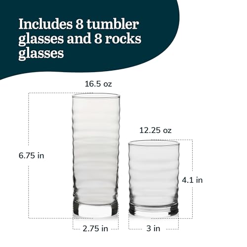 Image of Libbey Pueblo Tumbler and Rocks Glass Set, Wavy and Groovy Drinking Glasses Set, Dishwasher Safe Glasses Drinking Set of 16 for Everyday Family Meals
