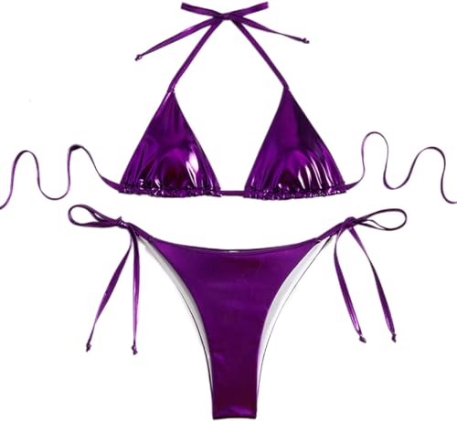 THSCWY HSCWY Women's Metallic Bikini Halter Top Two Piece Swimsuit Tie Side Triangle Bikini With Padded Purple