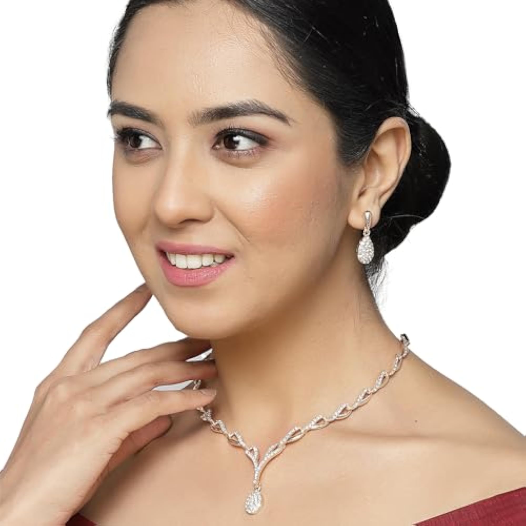 Teardrop Necklace & Earrings Set, CZ Studded, Oxidised Silver-Plated
