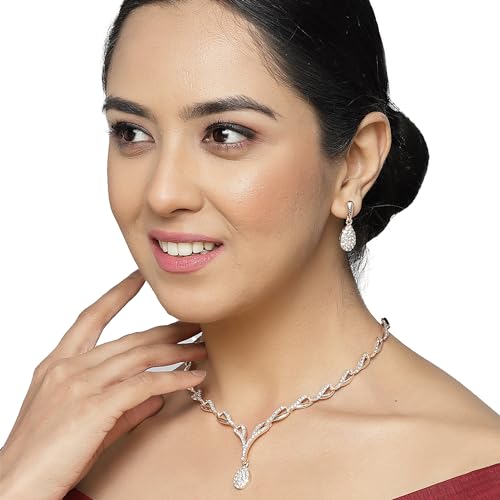 Image of ZENEME Oxidised Silver-Plated Cubic Zirconia Studded Teardrop Shaped Necklace With Earrings Jewellery Set For Girls and Women