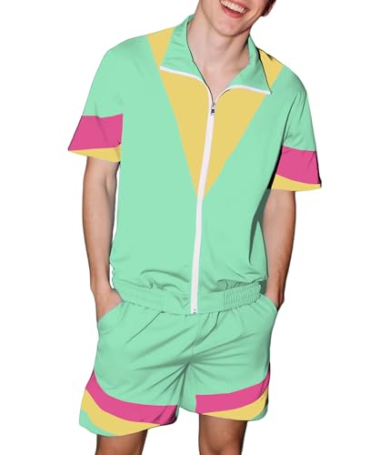 UOUA 80s Outfit for Men 90s Color Block Costumes 2 Piece Retro Short Sleeve Jacket & Shorts Set for Party