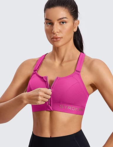 Image of SYROKAN Womens' Sports Bra High Impact Support Zip Front Adjustable Large Bust Racerback Wirefree Padded