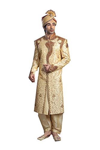 Indian Designer Partywear Traditional Ethnic Gold Mens Wear Sherwani.