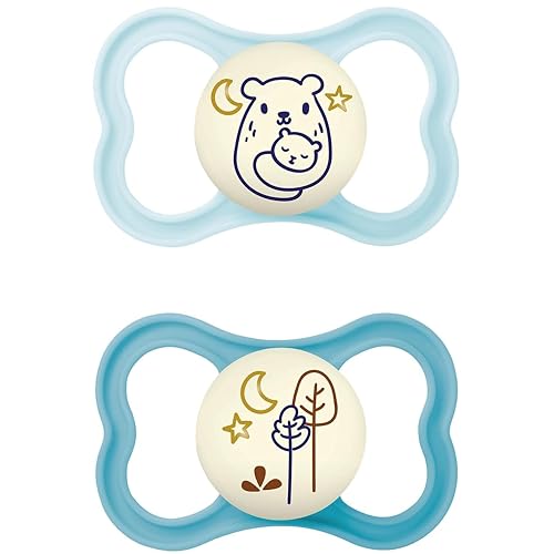MAM Air Night Soothers | 16 Plus Months | 2 Pack | Glow in the Dark Dummies | Comes in Dummy Steriliser Case | Sustainable Materials | Baby Accessories | Blue (Various Designs)