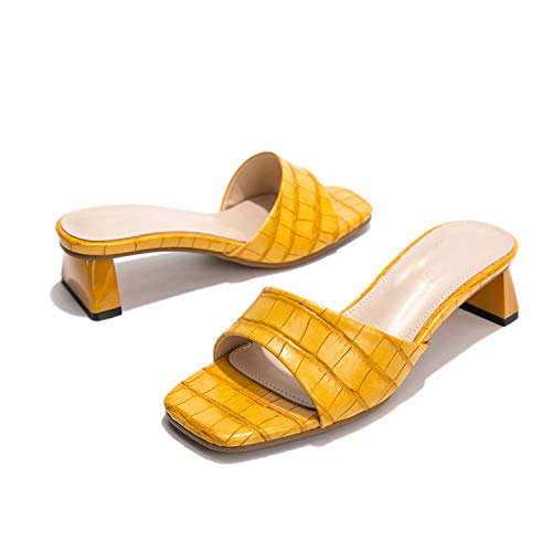Lehoor Women Open Toe Yellow Chunky Heel Mules Mid Heeled Slide Sandals, Stone Pattern Slip On Pumps Backless Ladies Square Heels Dress Shoes 9.5 M Us #TOP4