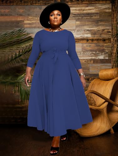 Image of BFFBABY Women's Wrap V Neck Plus Size Maxi Dresses 3 /4 Sleeves Chain Floral Printed Swing Dress with Belt
