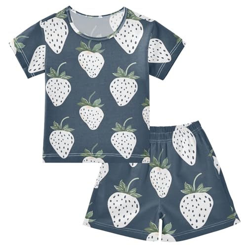 ALAZA White Strawberry Navy Blue Pajamas Short Sleeve 2 Piece Sleepwear Top and Bottom Pajama Set Unisex