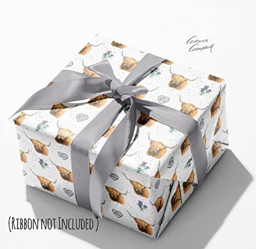 Scottish Highland Cow and Celtic Heart 100% Recycled and Recyclable eco Printed Gift Wrapping Paper - 2 Sheets and Tags