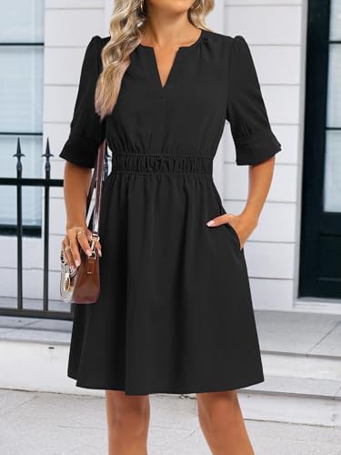 Image of Loemes Womens Casual Work Drop Waist Sunresses Business V Neck Midi Ruffle Sleeve Solid Color Flowy Summer Dress with Pockets