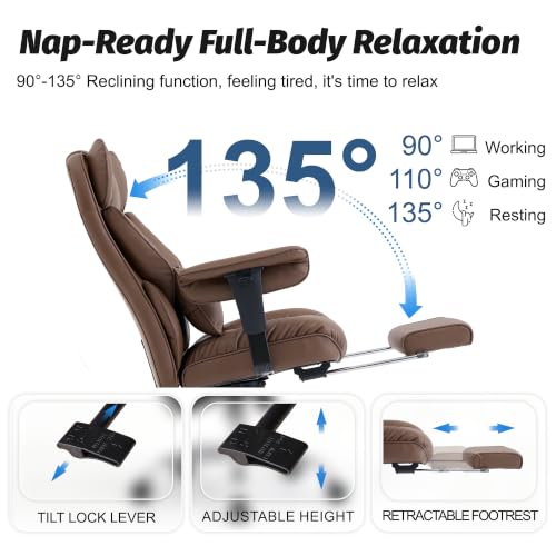Image of Efomao Executive Office Chair 400lbs,Brown Big and Tall Desk Chair | Mattress-grade pocket spring cushion, sleek leather, 135 recline & footrest for computer gaming setup.