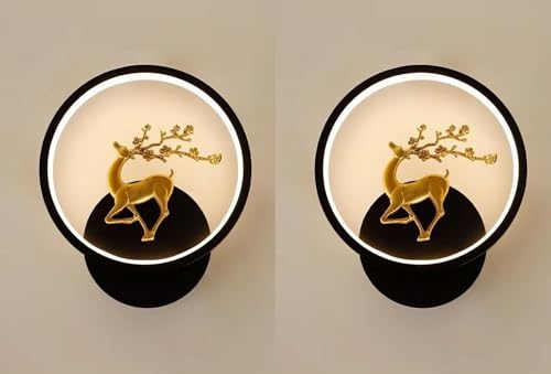 Image of Modern Round LED Wall Light with Golden Deer & Branch Design, Multi-Colour LED, Elegant Decorative Lamp for Living Room & Bedroom, Pack of 2
