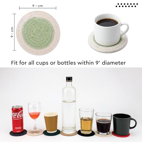 Image of Encasa XO Drink Coasters Set of 6 | Sage & Off White with Round (9 cm) | Handcrafted Ribbed Cotton | Absorbent & Heat-Resistant | Use for Tea, Coffee Table & Desk