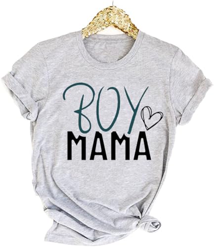 Womens Boy Mama Shirt Casual Letter Printed Boy Mom T-Shirts Short Sleeve Mother's Day Graphic Tee Tops(L,Light Grey)