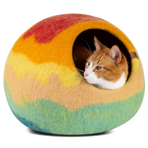 MEOWFIA Cuccia per gatti in feltro di alta qualità, realizzata a mano, 100% lana merino, per gatti e gattini (tonalità vivaci) (L, avorio arcobaleno)