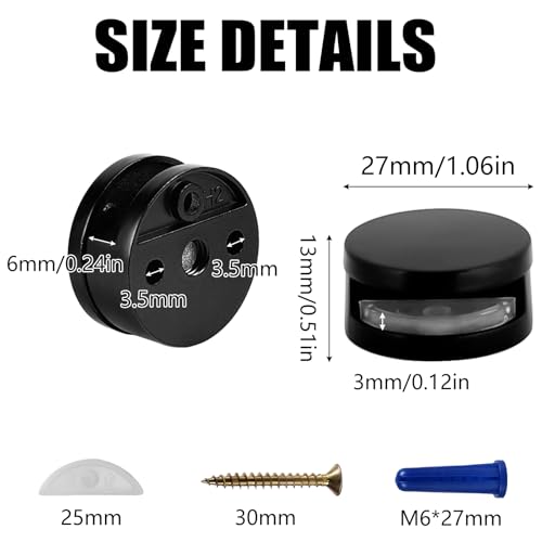 Image of Frameless Mirror Mounting Hardware Kit Zinc Alloy Mirror Holder Clips Round Shape Dual-Screw Fixing Mirror Glass Hanging Bracket with Screws and Anchors Fit for 3-5mm Thickness (Black, Set of 8)